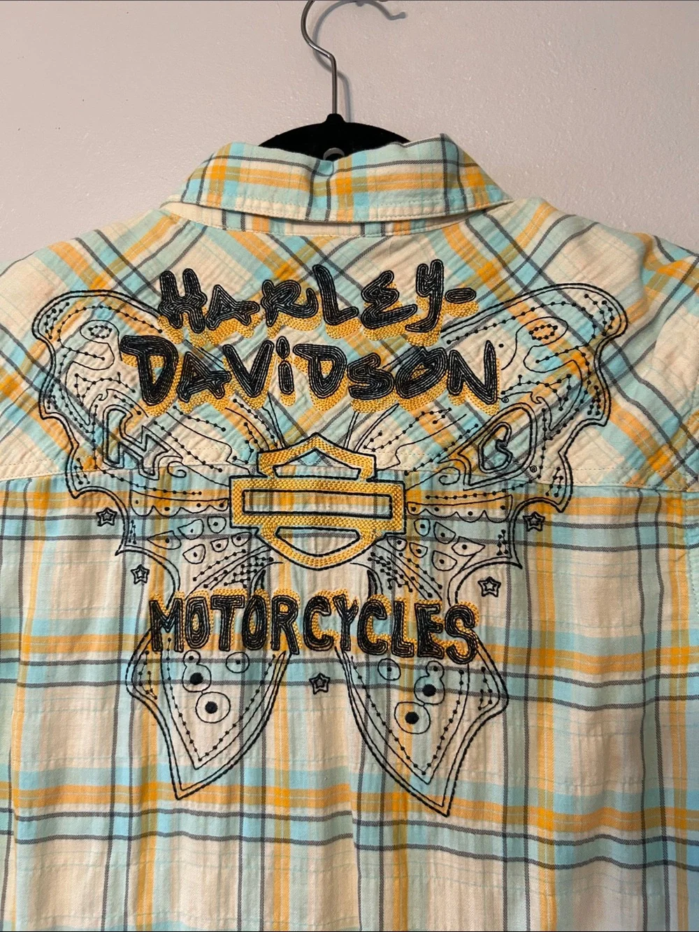 Harley-Davidson plaid button-up shirt in mint green, yellow and cream